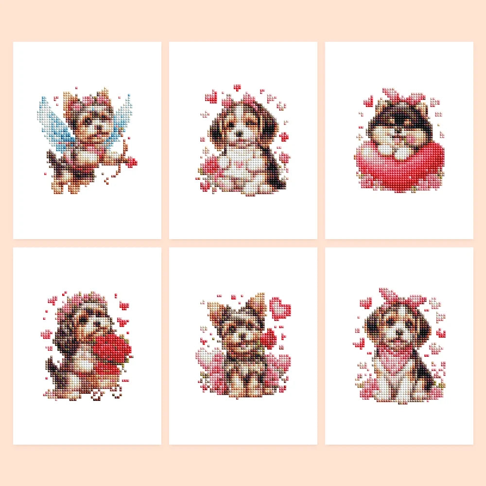 Valentine Pets six-pack mini diamond painting set with all designs