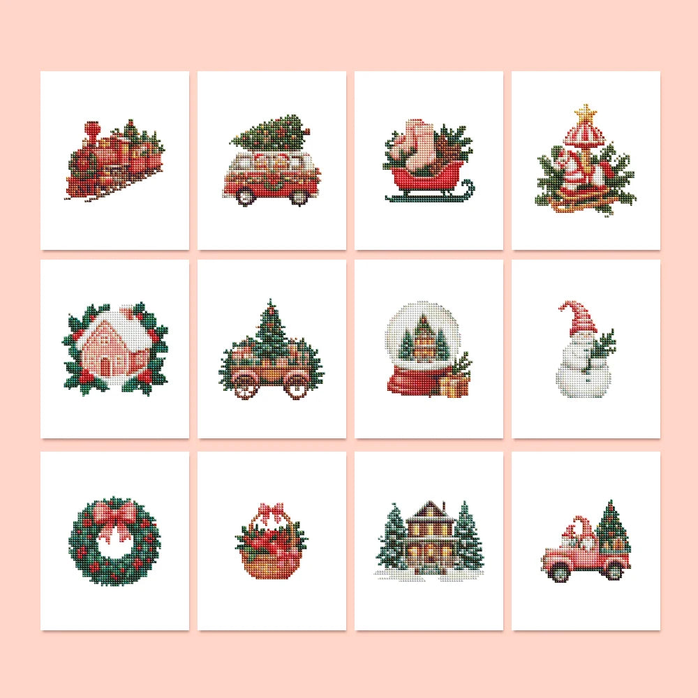 Vintage Christmas Village twelve-pack mini diamond painting set with all designs