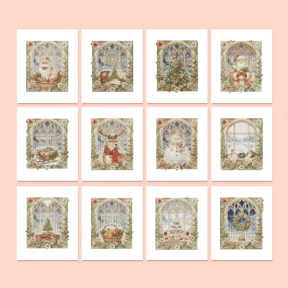 Vintage Christmas Windows twelve-pack mini diamond painting set with all designs