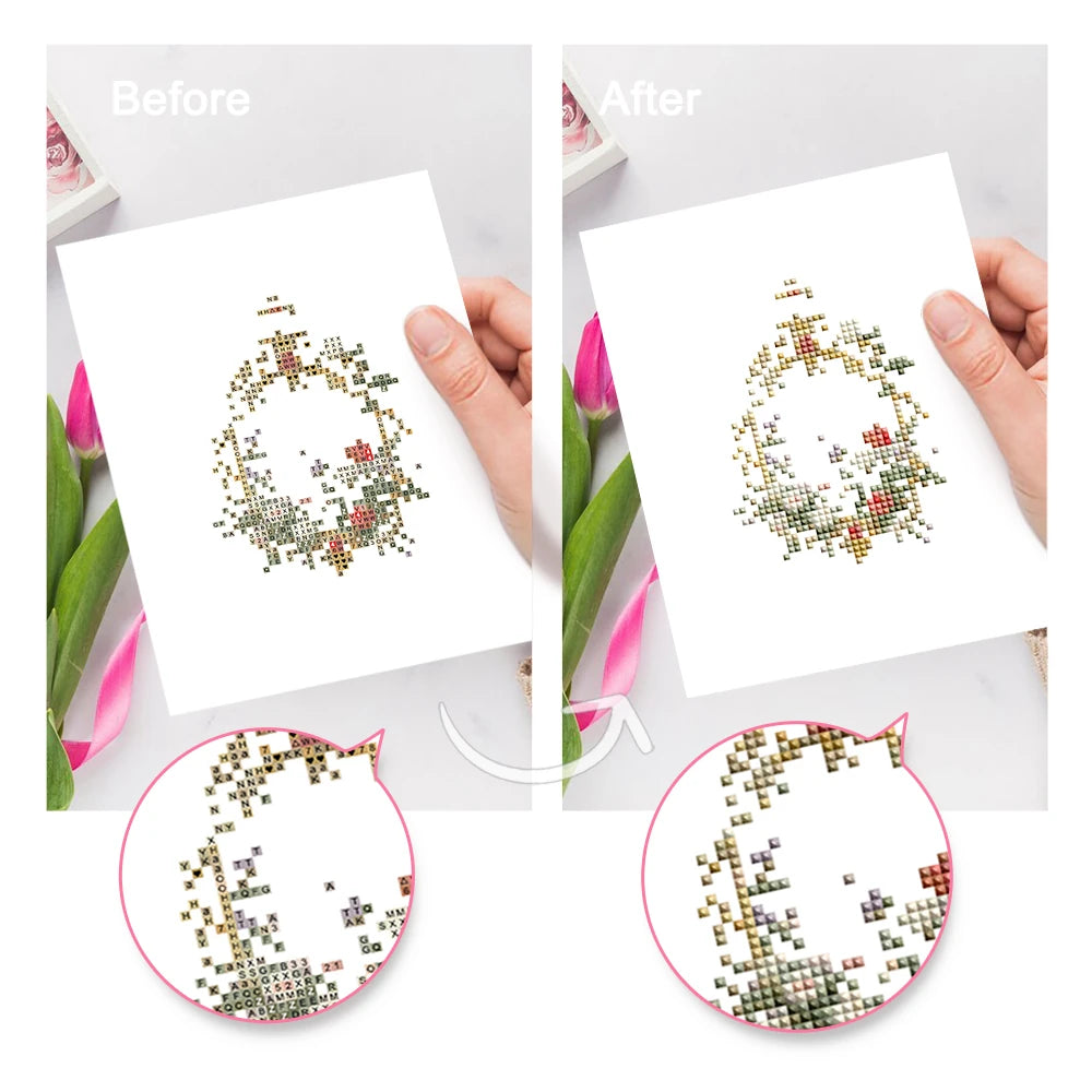 Before and after view of a Vintage Floral Frames mini diamond painting design