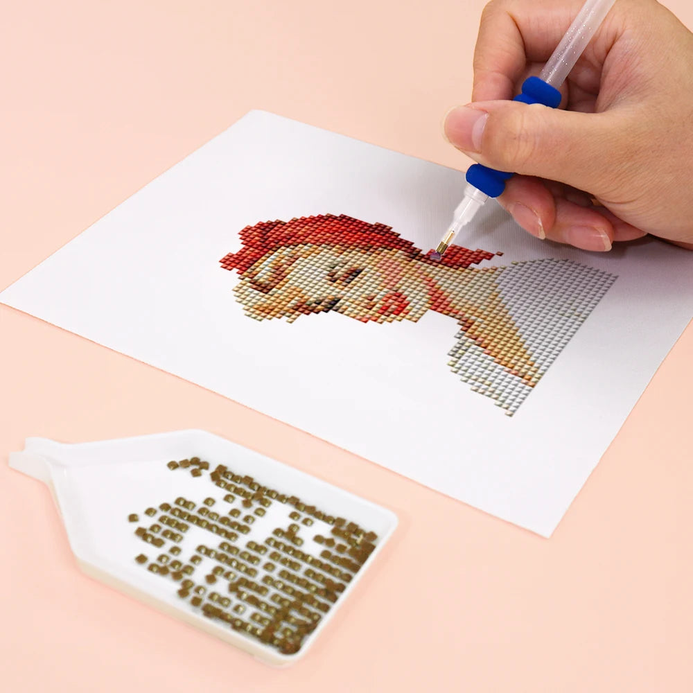 Close-up of drills being placed on a Vintage Glamour Portraits mini diamond painting design