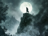 Dark wolf silhouette on a cliff with its head raised towards a pale moon