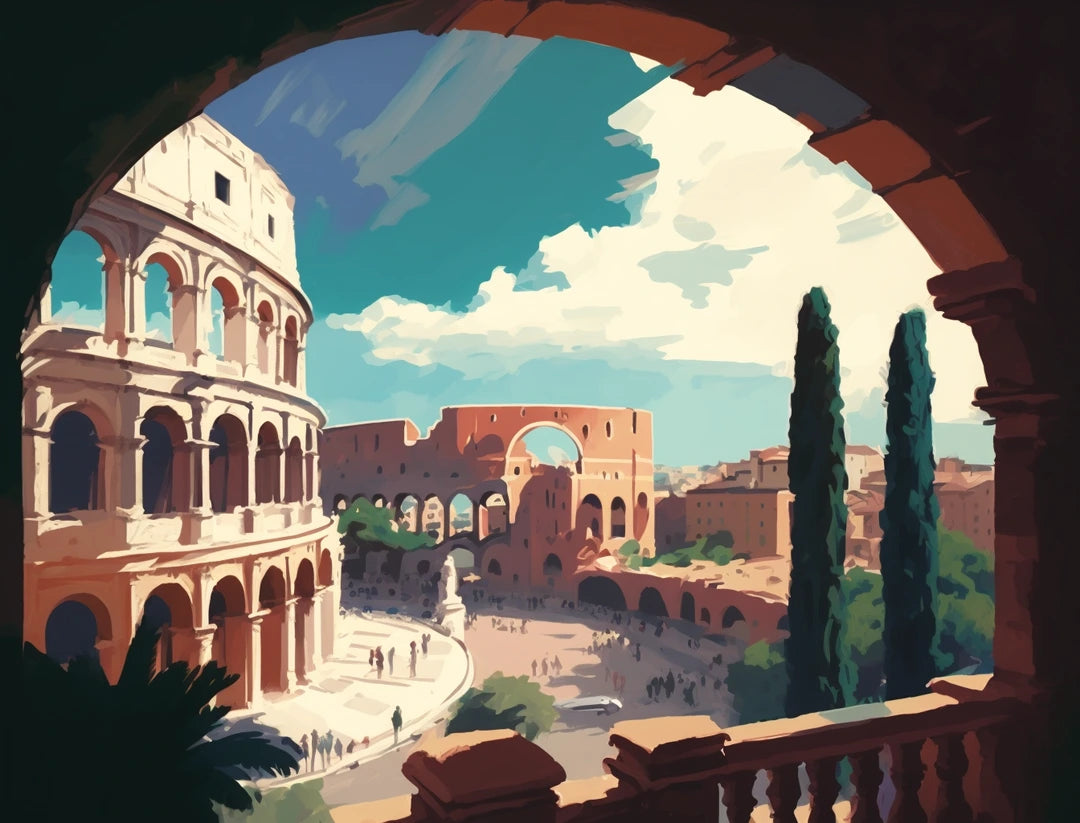 Large arched building overlooking a plaza with small walking figures