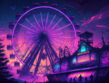 Illuminated Ferris wheel in purple, magenta and pink night colours