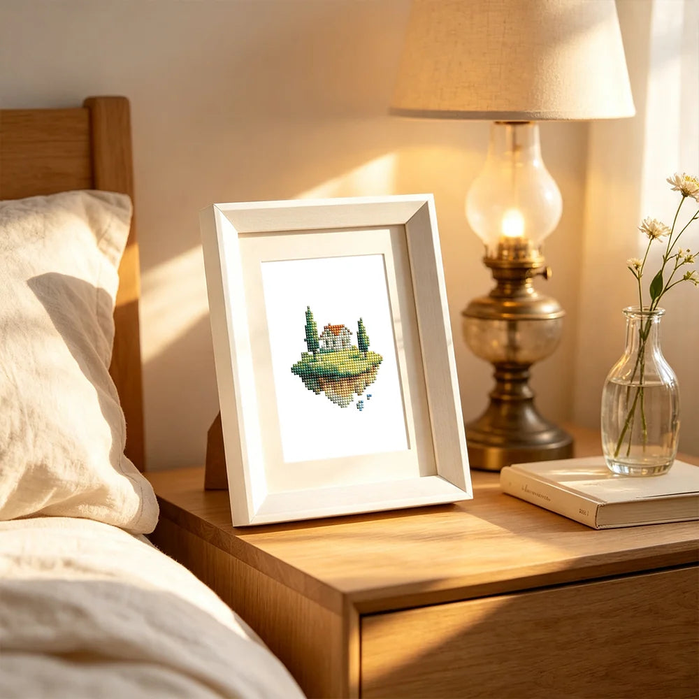 Whimsical Cottage Finds mini diamond painting design displayed in a decorative room setting