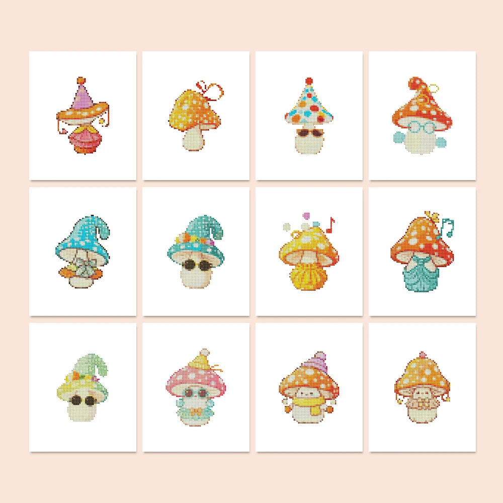 Whimsical Mushrooms twelve-pack mini diamond painting set with all designs