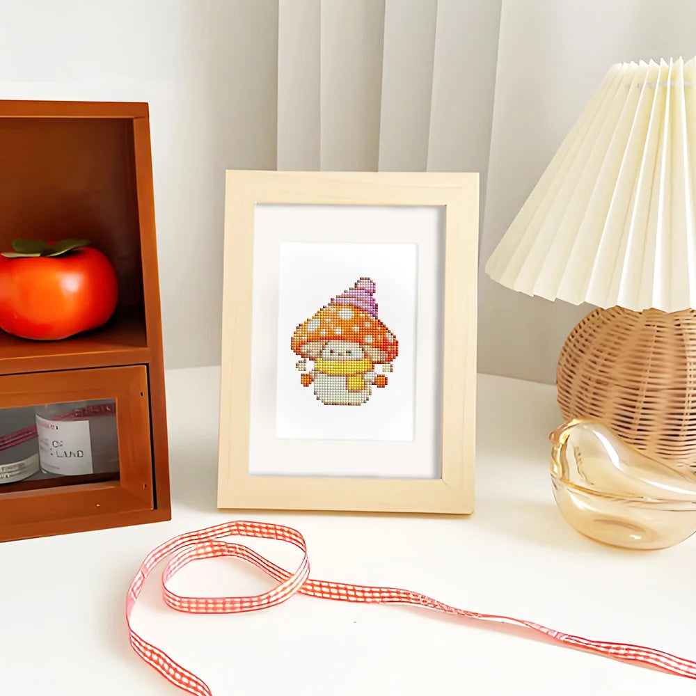 Framed Whimsical Mushrooms mini diamond painting artwork presented as finished decor