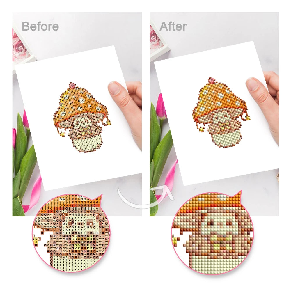 Before and after view of a Whimsical Mushrooms mini diamond painting design