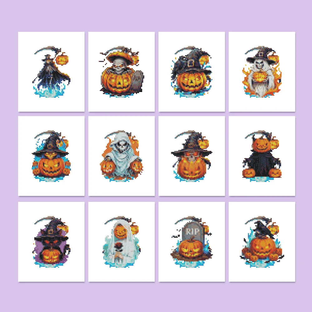 Witchy Pumpkin Parade twelve-pack mini diamond painting set with all designs