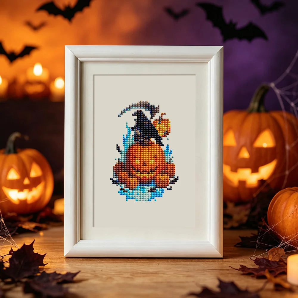 Completed Witchy Pumpkin Parade mini diamond painting shown as framed decor