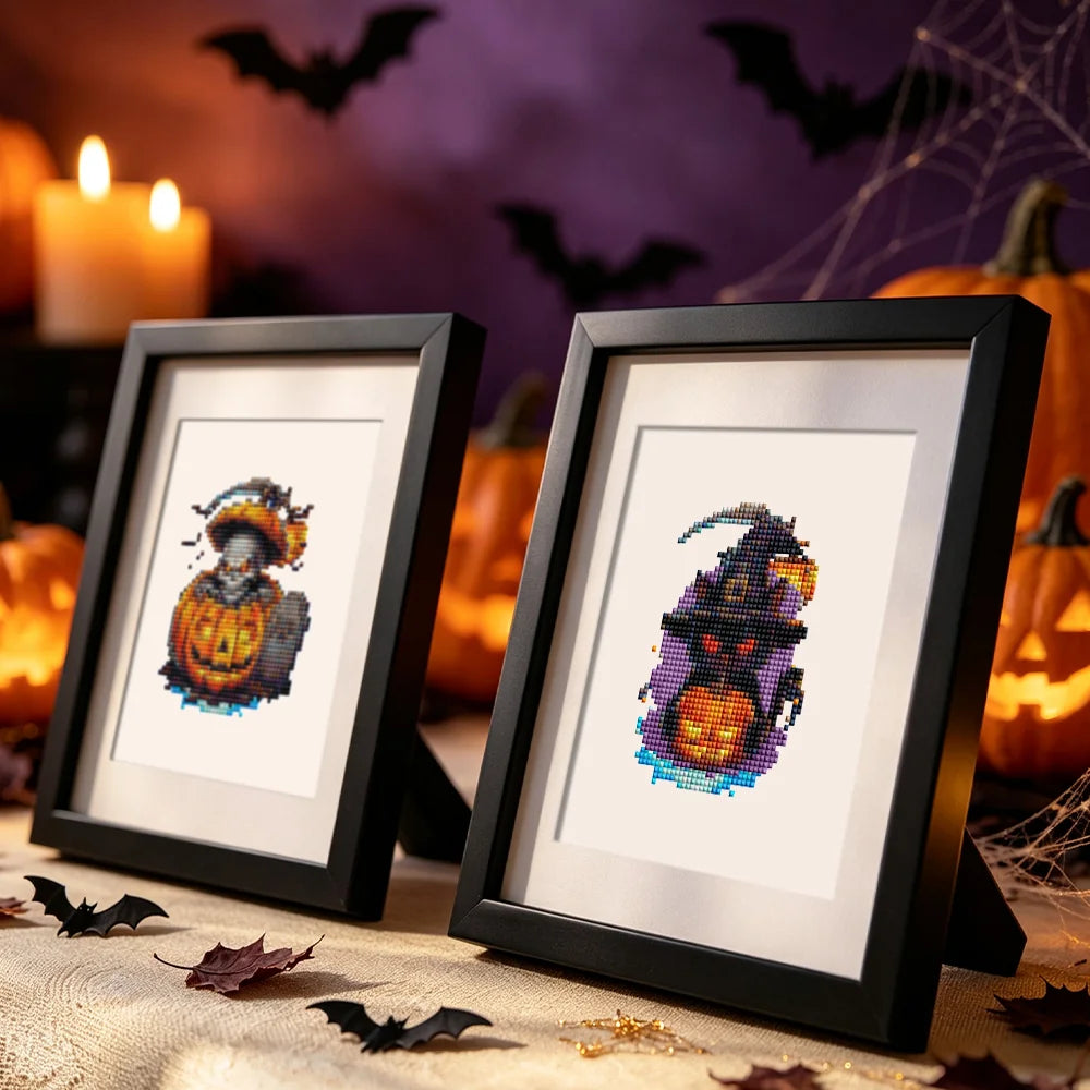 Witchy Pumpkin Parade mini diamond painting design displayed in a decorative room setting