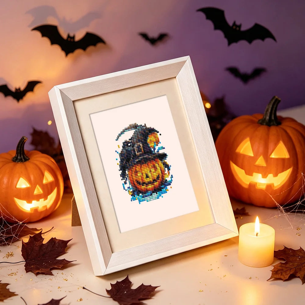 Framed Witchy Pumpkin Parade mini diamond painting artwork presented as finished decor