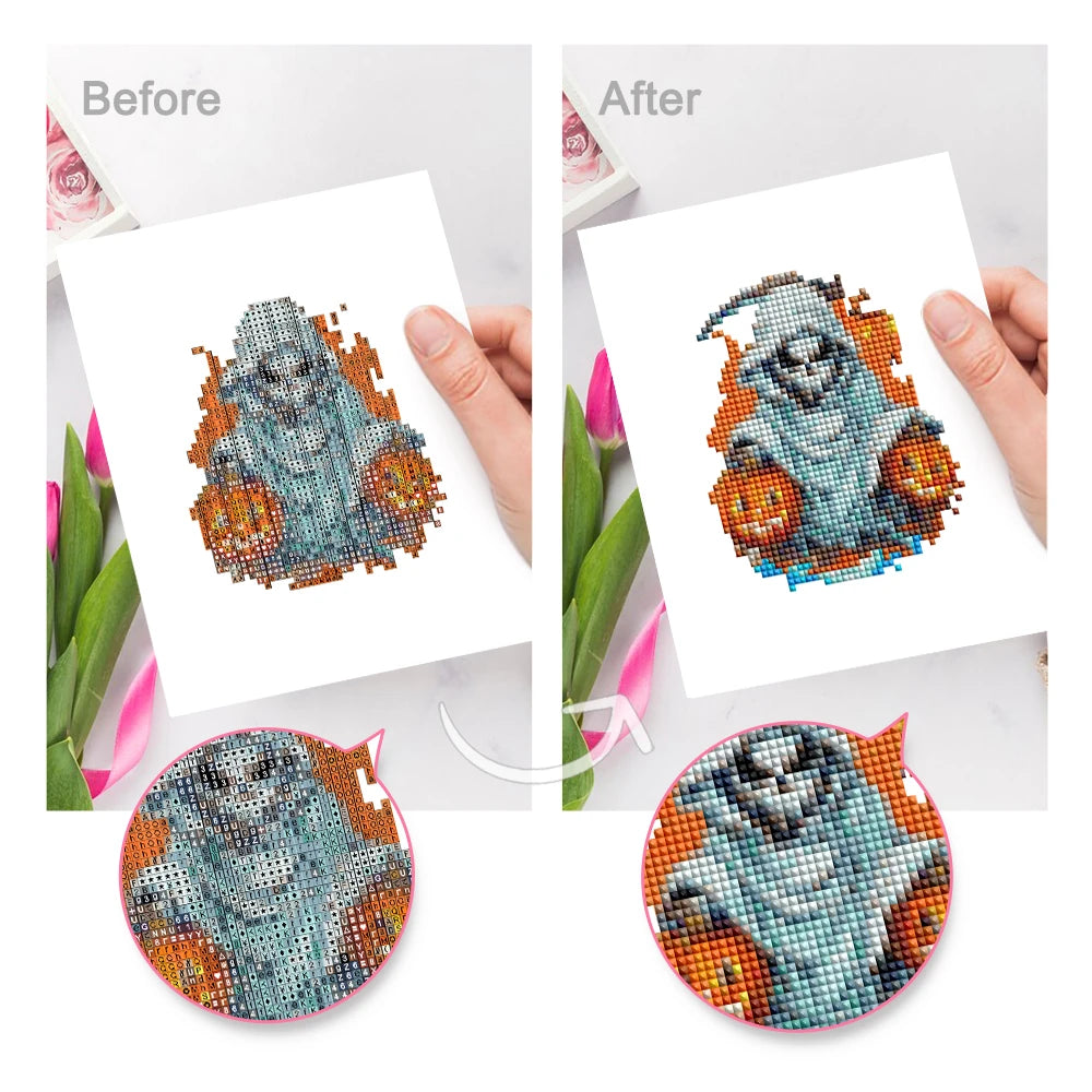 Before and after view of a Witchy Pumpkin Parade mini diamond painting design