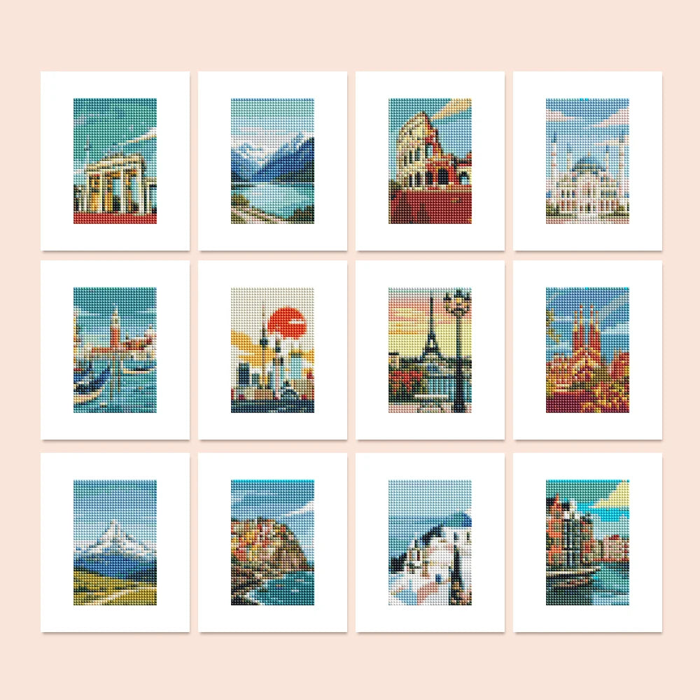 World Landmarks twelve-pack mini diamond painting set with all designs