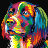 Dog portrait angled upwards with bright blue, green and red markings