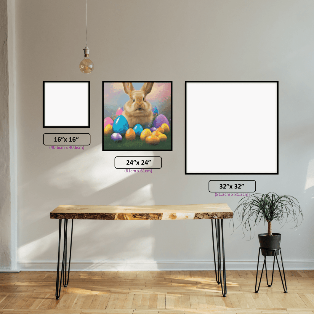 Colourful Easter Bunny diamond painting displayed in a room setting