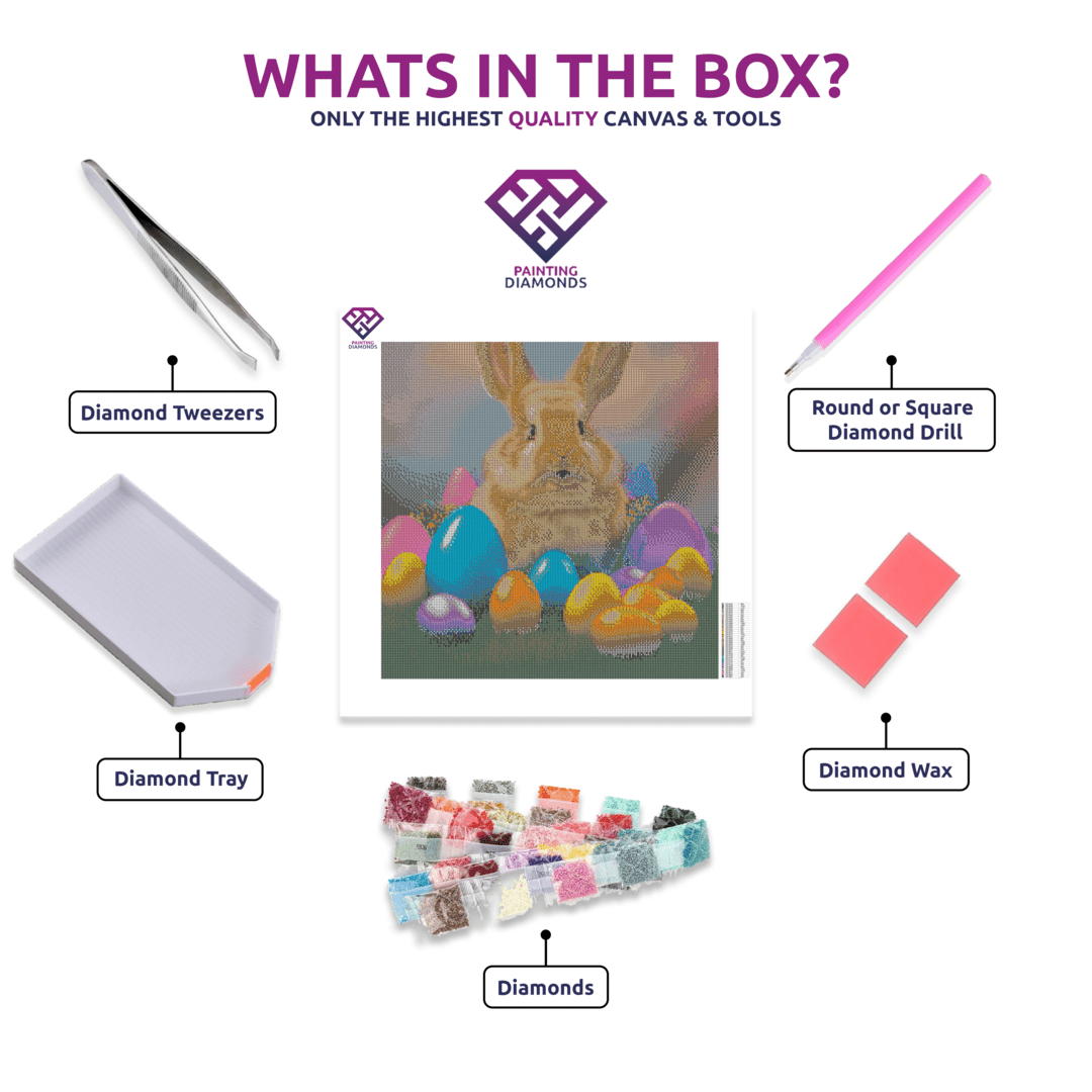 Colourful Easter Bunny diamond painting canvas with tweezers, applicator pen, tray, wax and coloured drills