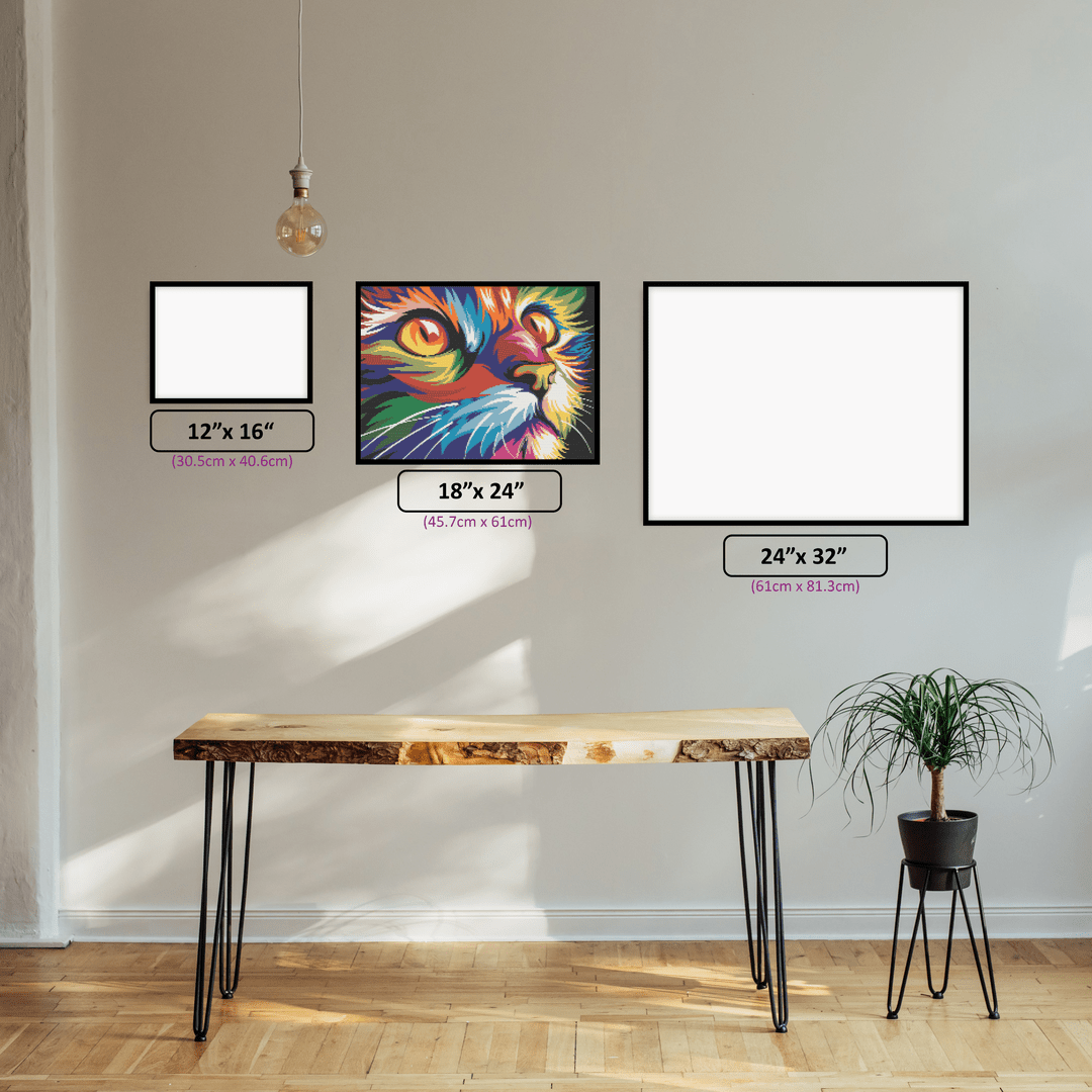 Colourful Kitten diamond painting displayed in a room setting