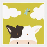 Black-and-white cartoon cow with a pink muzzle beneath white clouds on a yellow background