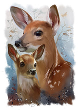 Brown doe and smaller fawn together against pale blue and white
