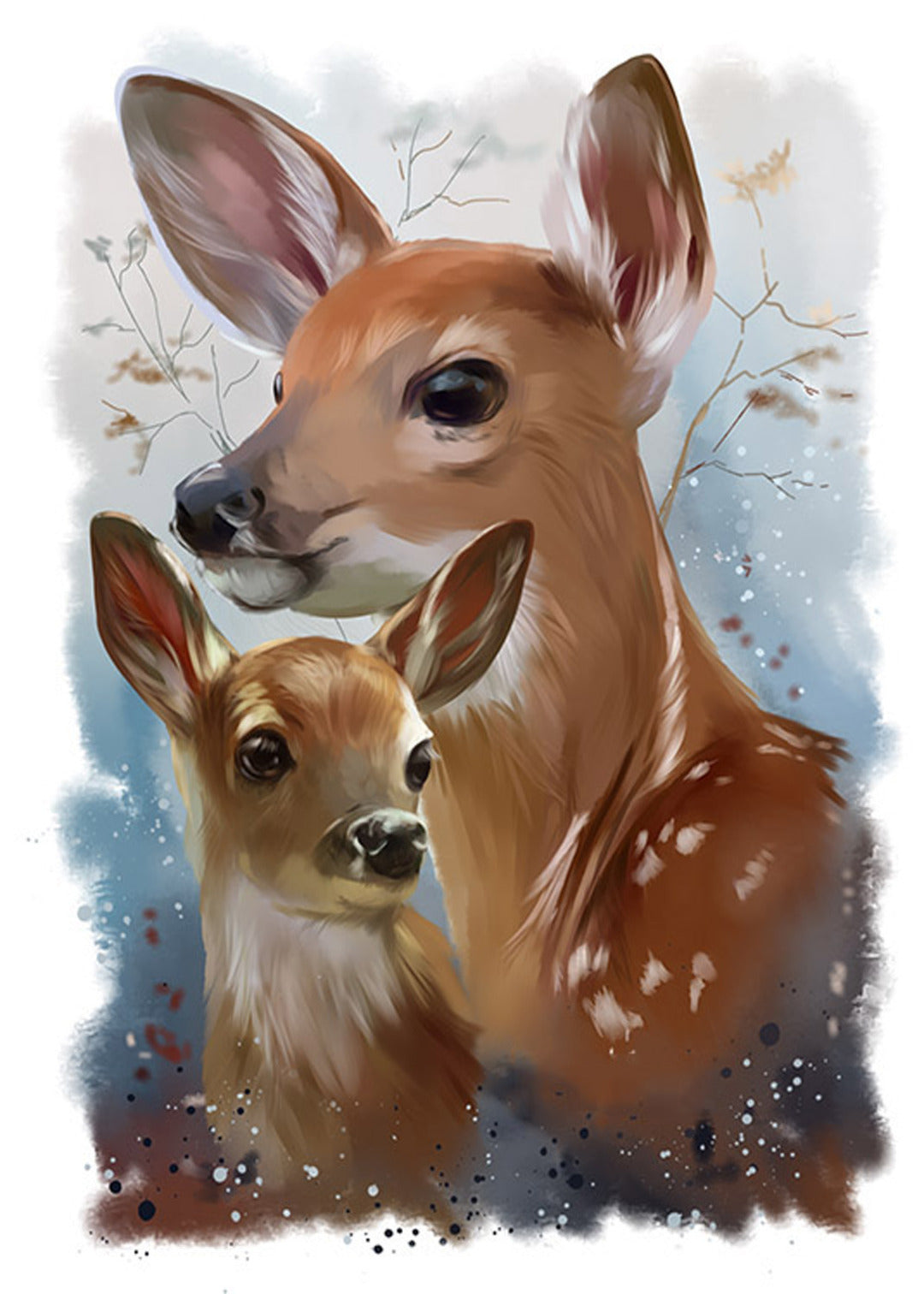 Brown doe and smaller fawn together against pale blue and white