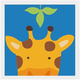 Illustrated giraffe face with golden yellow markings against blue