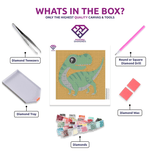 Happy Lil' Dinosaur diamond painting kit contents shown together