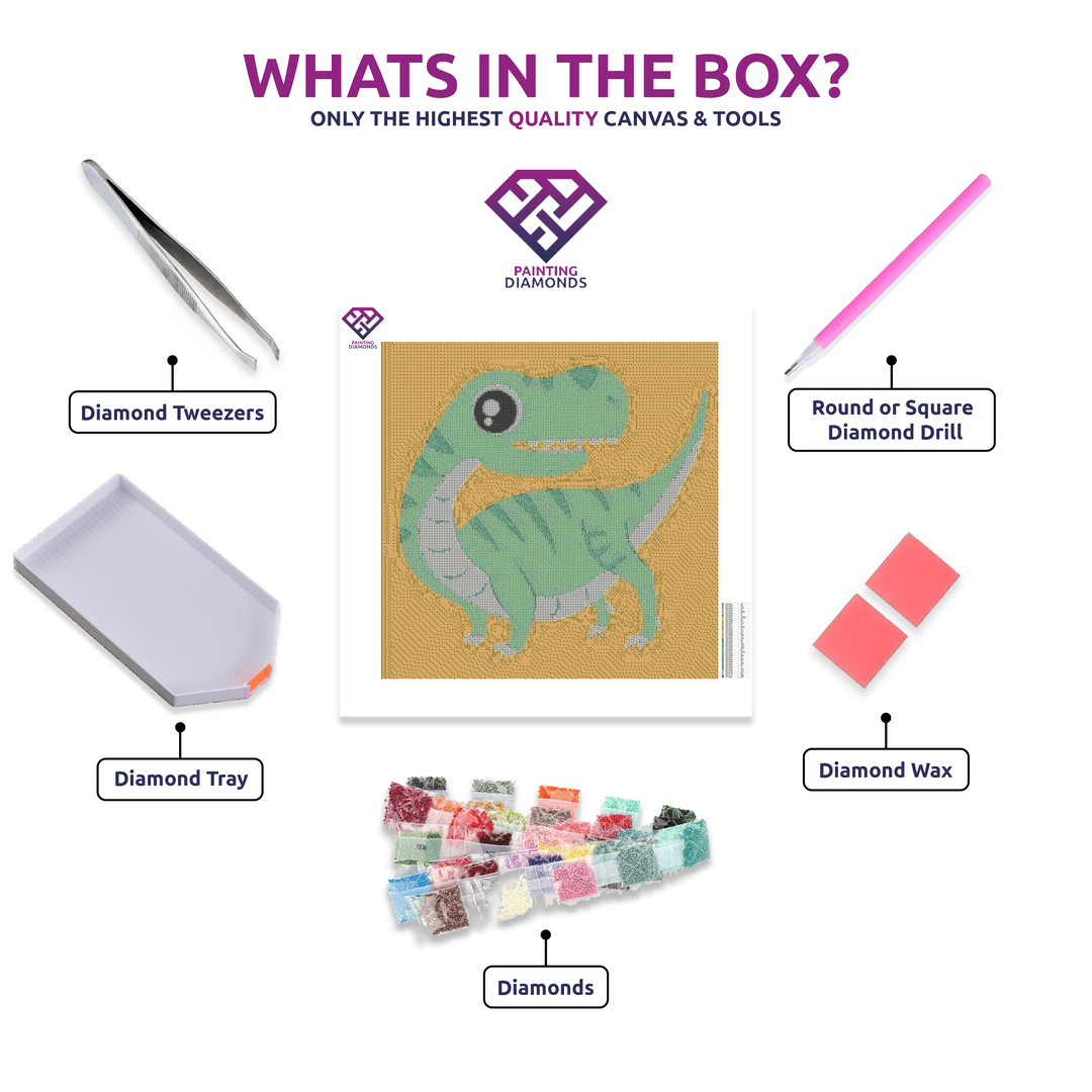 Happy Lil' Dinosaur diamond painting kit contents shown together