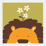 Cartoon lion with a dark brown mane and white flowers against an olive background