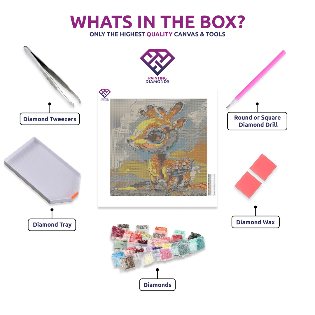 Mini Deer diamond painting kit contents shown together