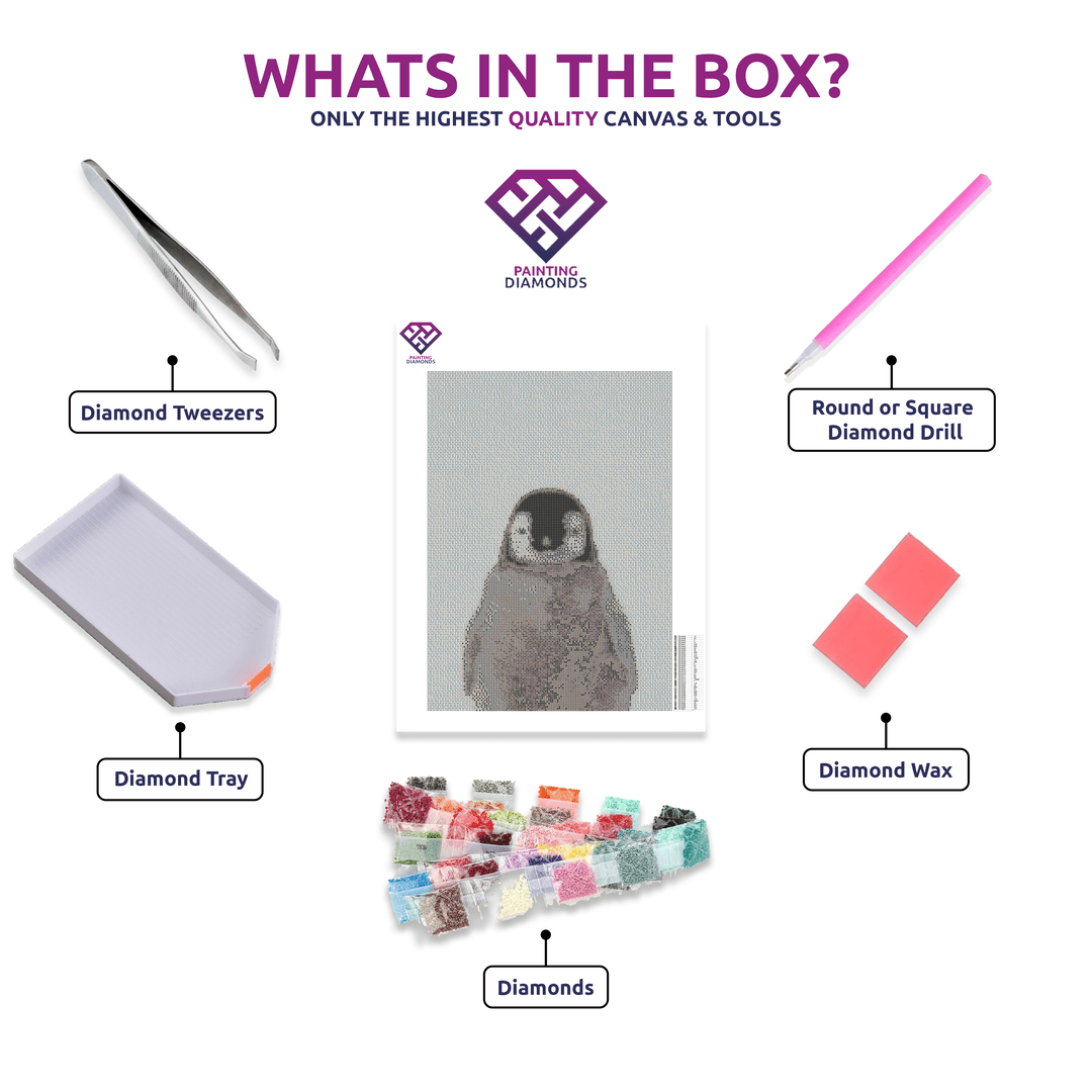 Penguin diamond painting kit contents shown together