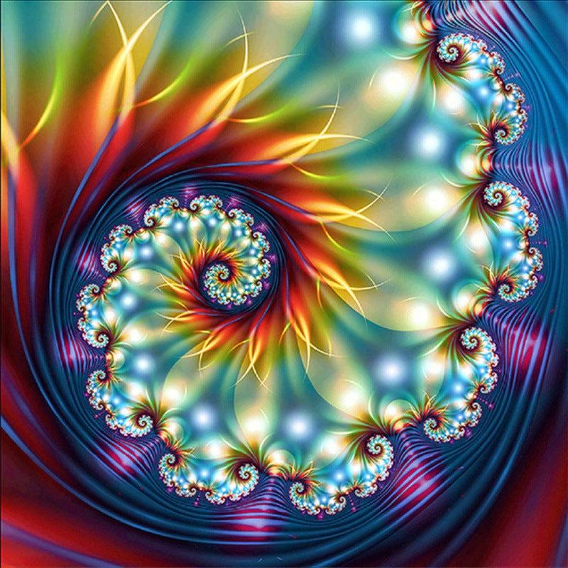 Rainbow kaleidoscope spiral with turquoise, blue, red and yellow fractal patterns