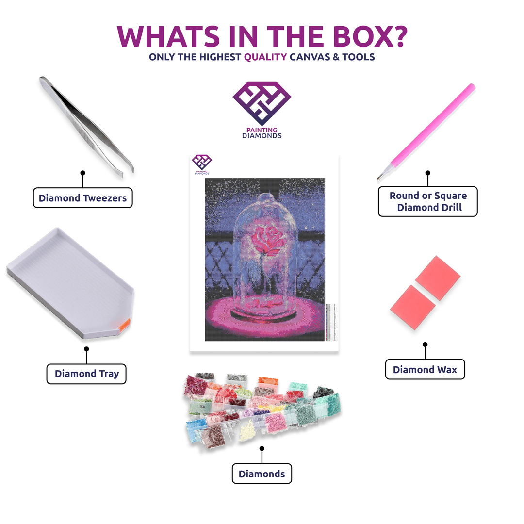 The Enchanted Rose diamond painting kit contents shown together