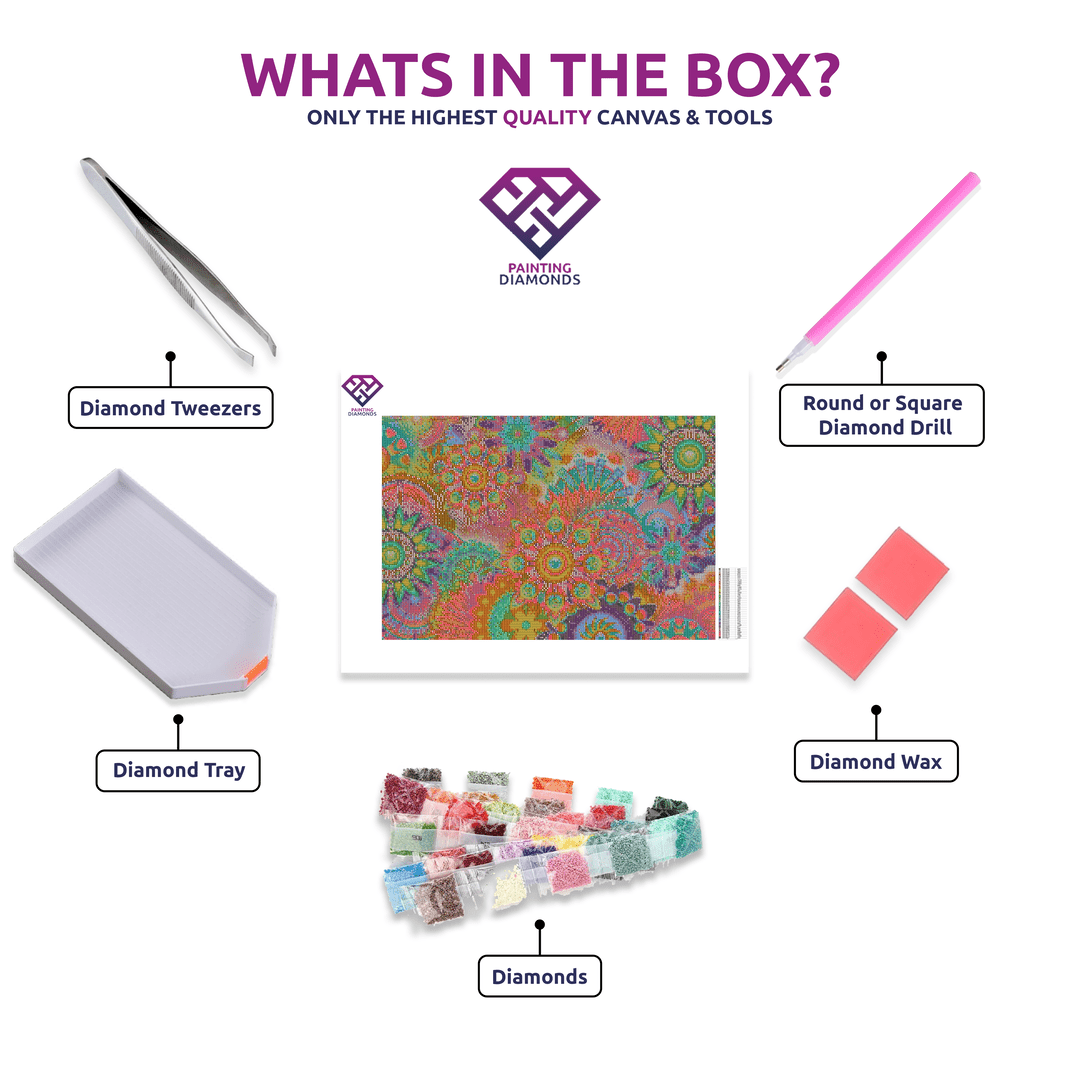 Twisted Colour diamond painting kit contents shown together