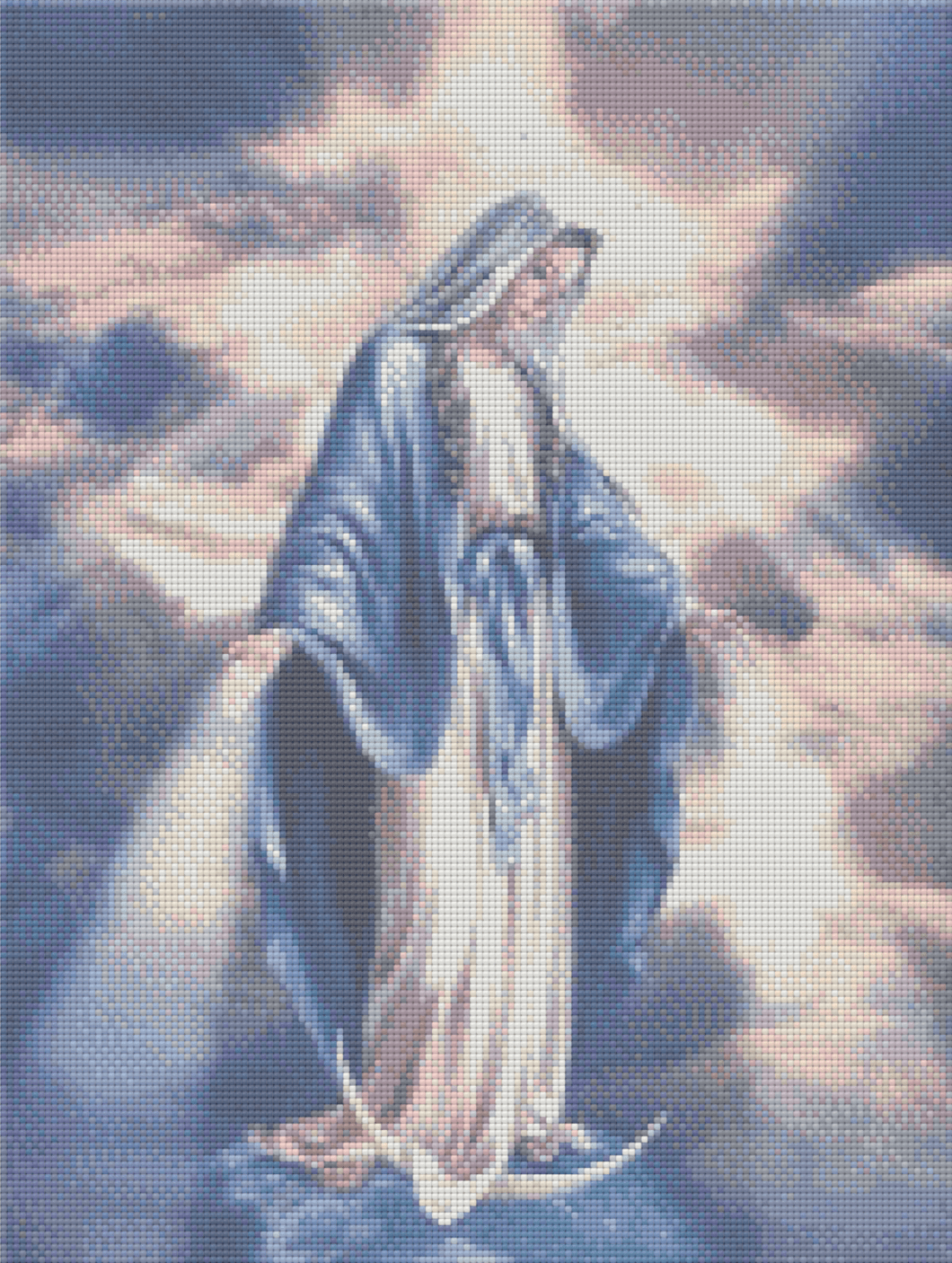 Virgin Mary artwork shown as a completed diamond painting preview