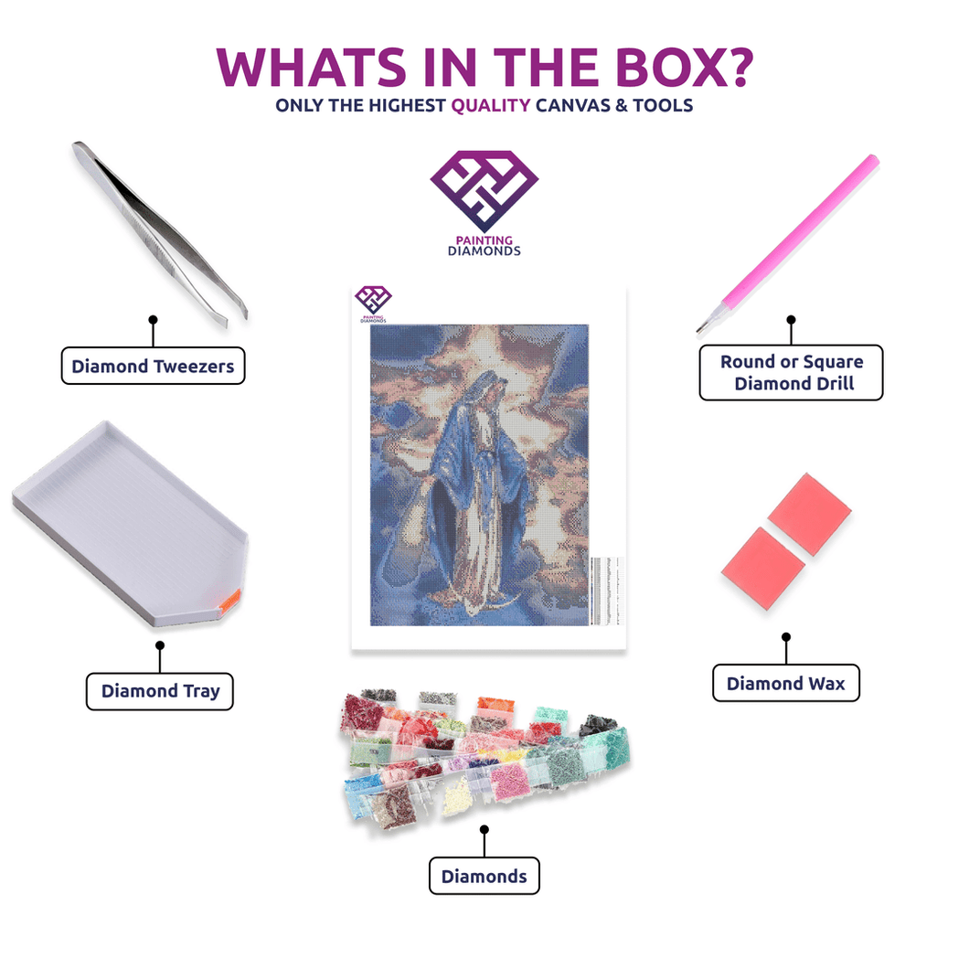 Virgin Mary diamond painting canvas with tweezers, applicator pen, tray, wax and coloured drills